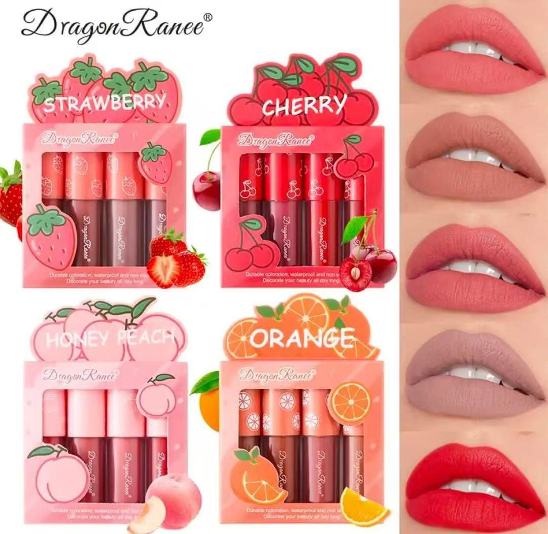 Dragon Ranee 4 Pcs Velvet Matte Lip Glaze Set Fruit Gloss Lip
